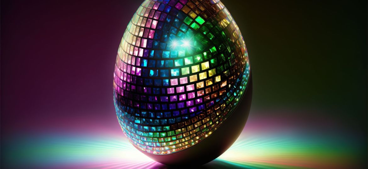 Created with Generative AI technology. Eggs in disco style and glossy eggs. Easter decoration